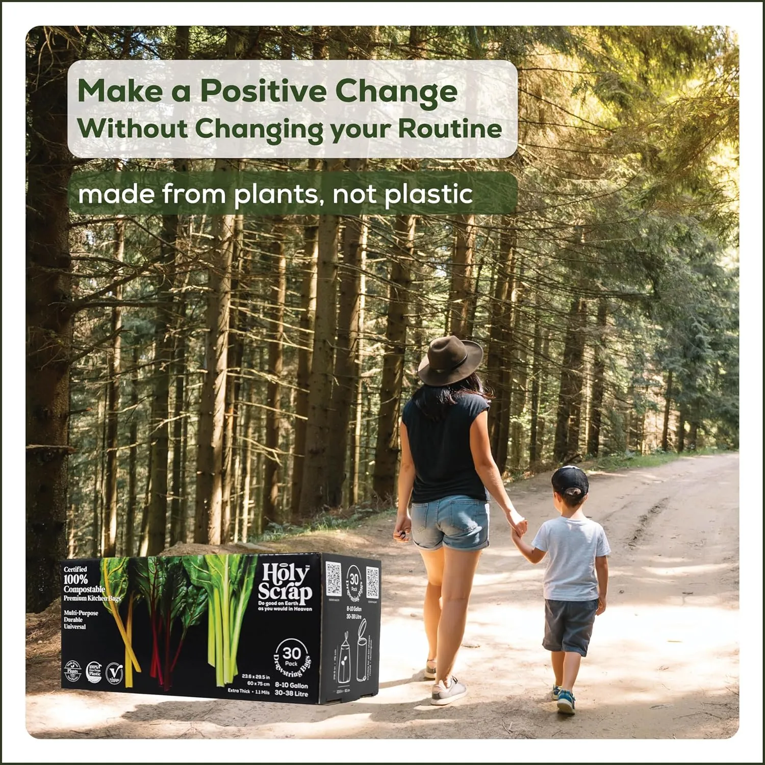 Large Compostable Drawstring Trash Bags - 8-10 Gallon, 30 Pack | Plastic-Free Kitchen & Bathroom Garbage Bags with Drawstring Handles | Thick Bin Bag Liners for Green & Food Waste