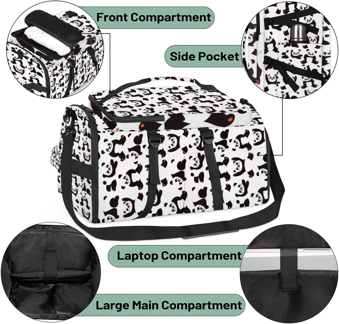 Large Sports Gym Bag With Shoe & Laptop Compartment 47L Waterproof Travel Duffel Bags for Men Women Animal Panda Pattern Luggage Backpack Duffle Bag