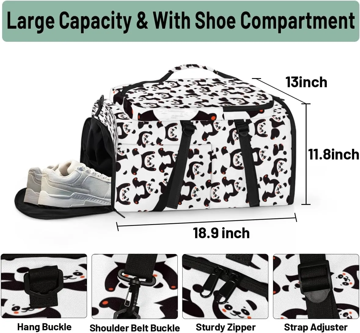 Large Sports Gym Bag With Shoe & Laptop Compartment 47L Waterproof Travel Duffel Bags for Men Women Animal Panda Pattern Luggage Backpack Duffle Bag