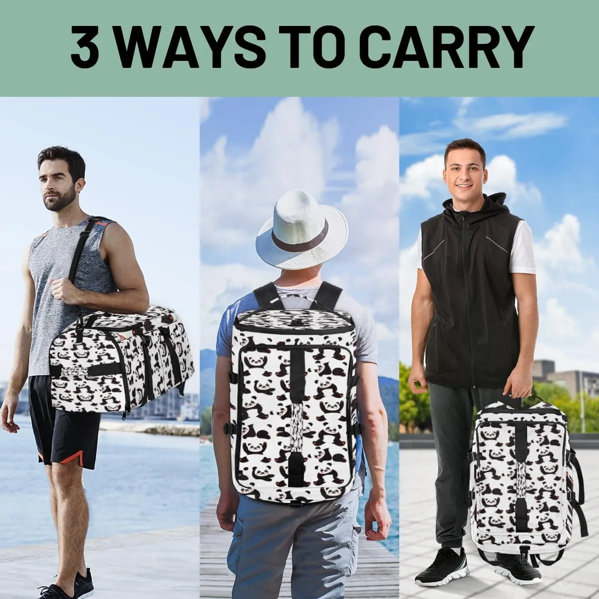 Large Sports Gym Bag With Shoe & Laptop Compartment 47L Waterproof Travel Duffel Bags for Men Women Animal Panda Pattern Luggage Backpack Duffle Bag