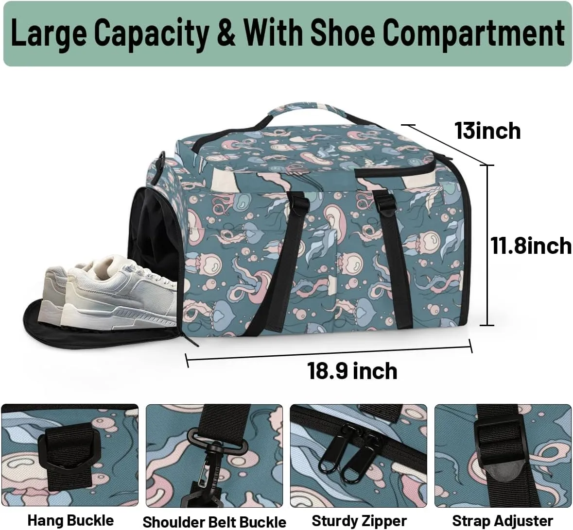 Large Sports Gym Bag With Shoe & Laptop Compartment 47L Waterproof Travel Duffel Bags for Men Women Cartoon Jellyfish Luggage Backpack Duffle Bag