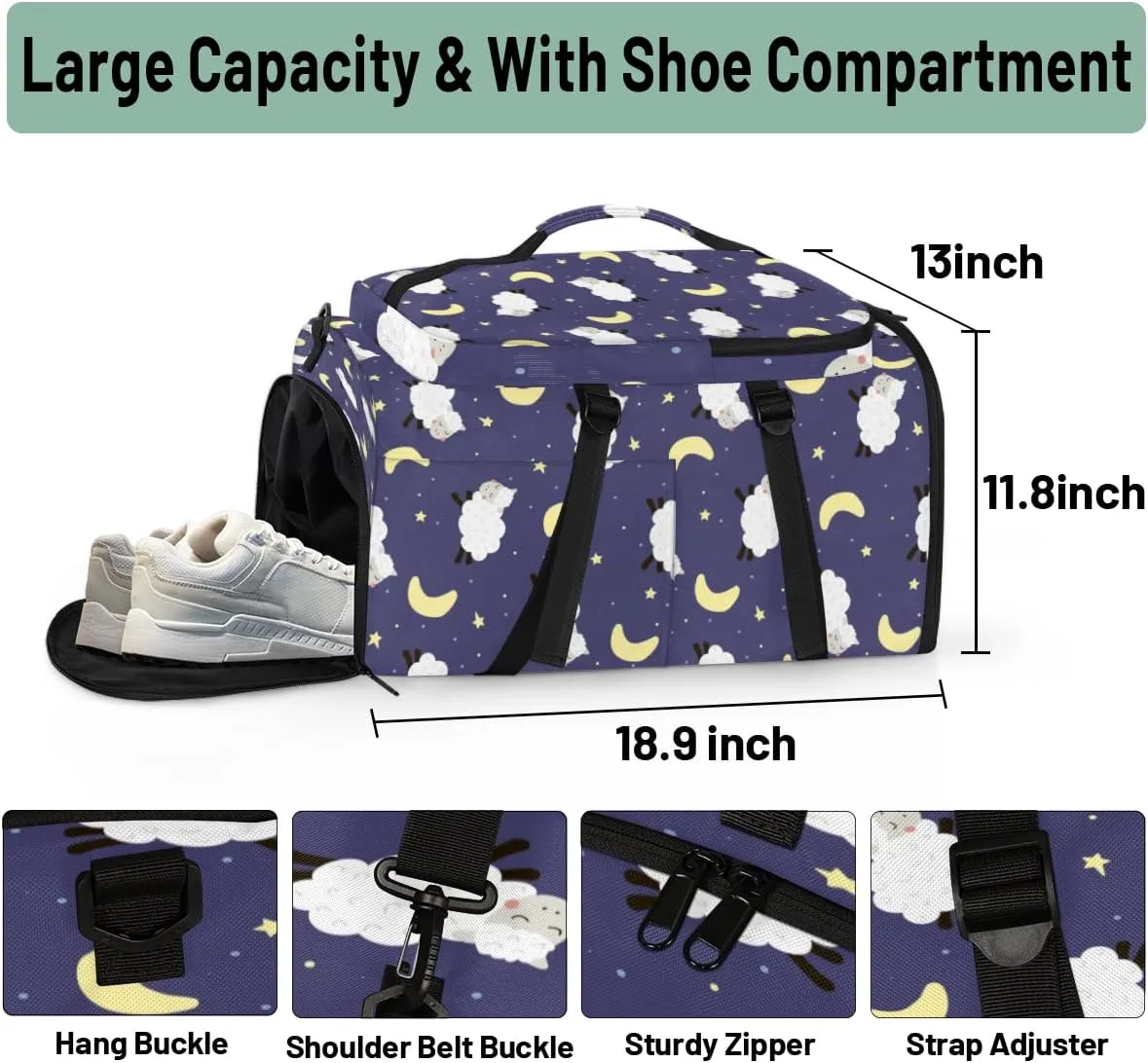 Large Sports Gym Bag With Shoe & Laptop Compartment 47L Waterproof Travel Duffel Bags for Men Women Cartoon Sheep Luggage Backpack Duffle Bag