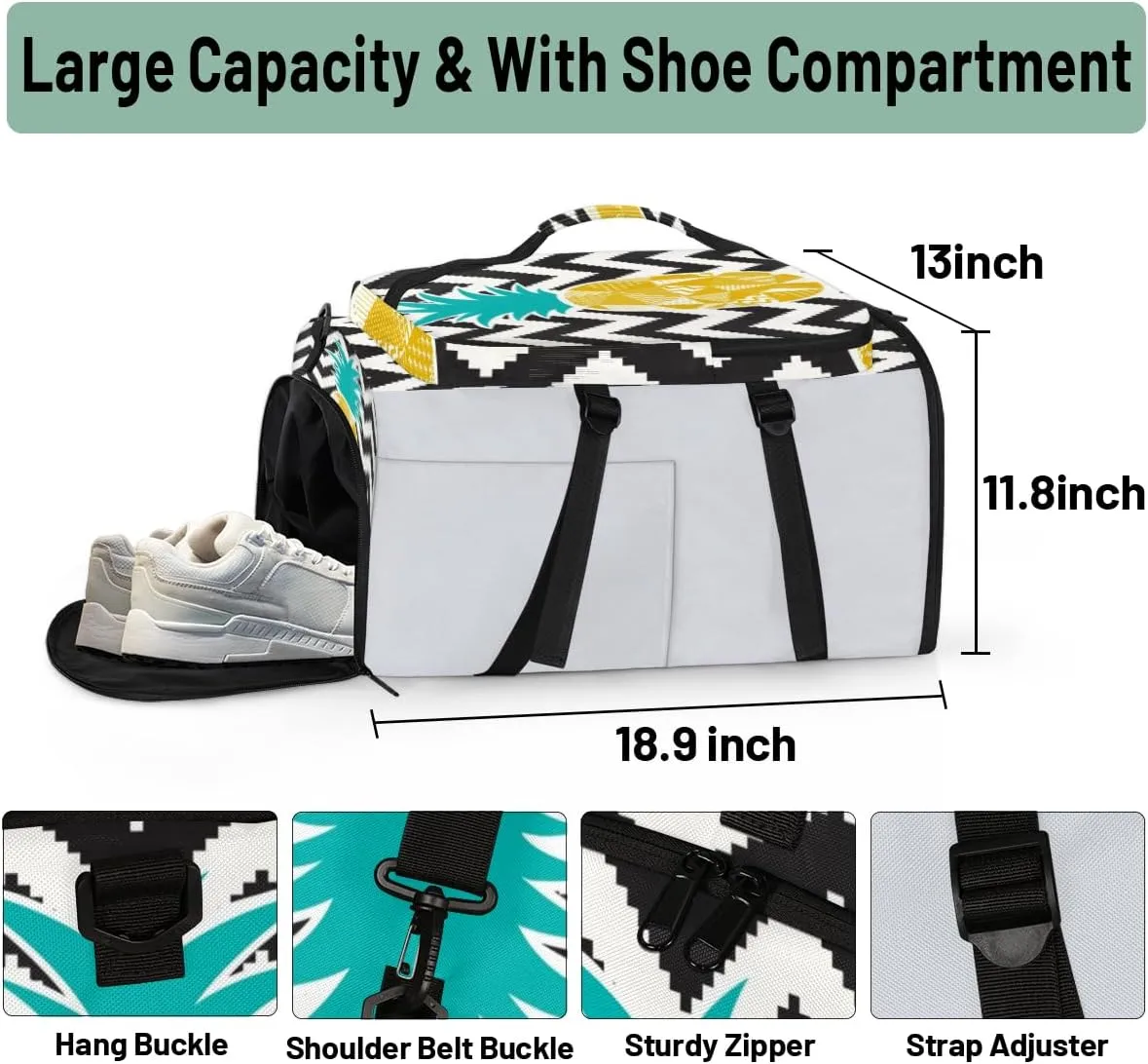 Large Sports Gym Bag With Shoe & Laptop Compartment 47L Waterproof Travel Duffel Bags for Men Women Pineapple Illustration Luggage Backpack Duffle Bag