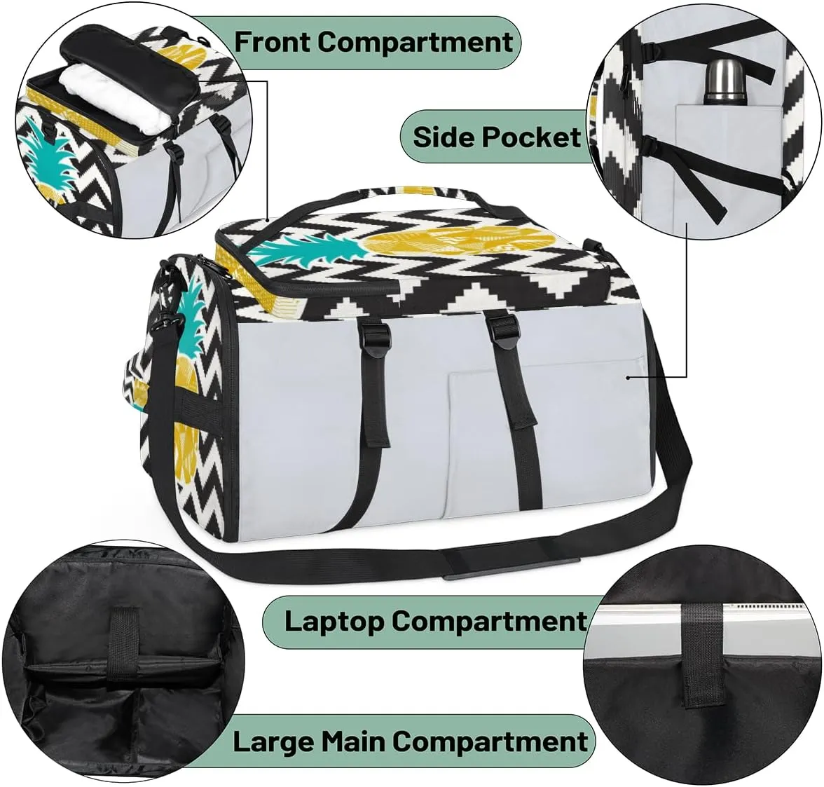 Large Sports Gym Bag With Shoe & Laptop Compartment 47L Waterproof Travel Duffel Bags for Men Women Pineapple Illustration Luggage Backpack Duffle Bag