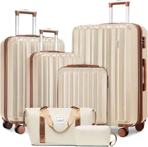 LARVENDER Luggage Set 6 Piece Large Suitcases with Wheels, Suitcase Set ABS Hard Shell Luggage Sets with Spinner Wheels, Carry On Luggage TSA Lock Travel Luggage for Men Women(Cream)