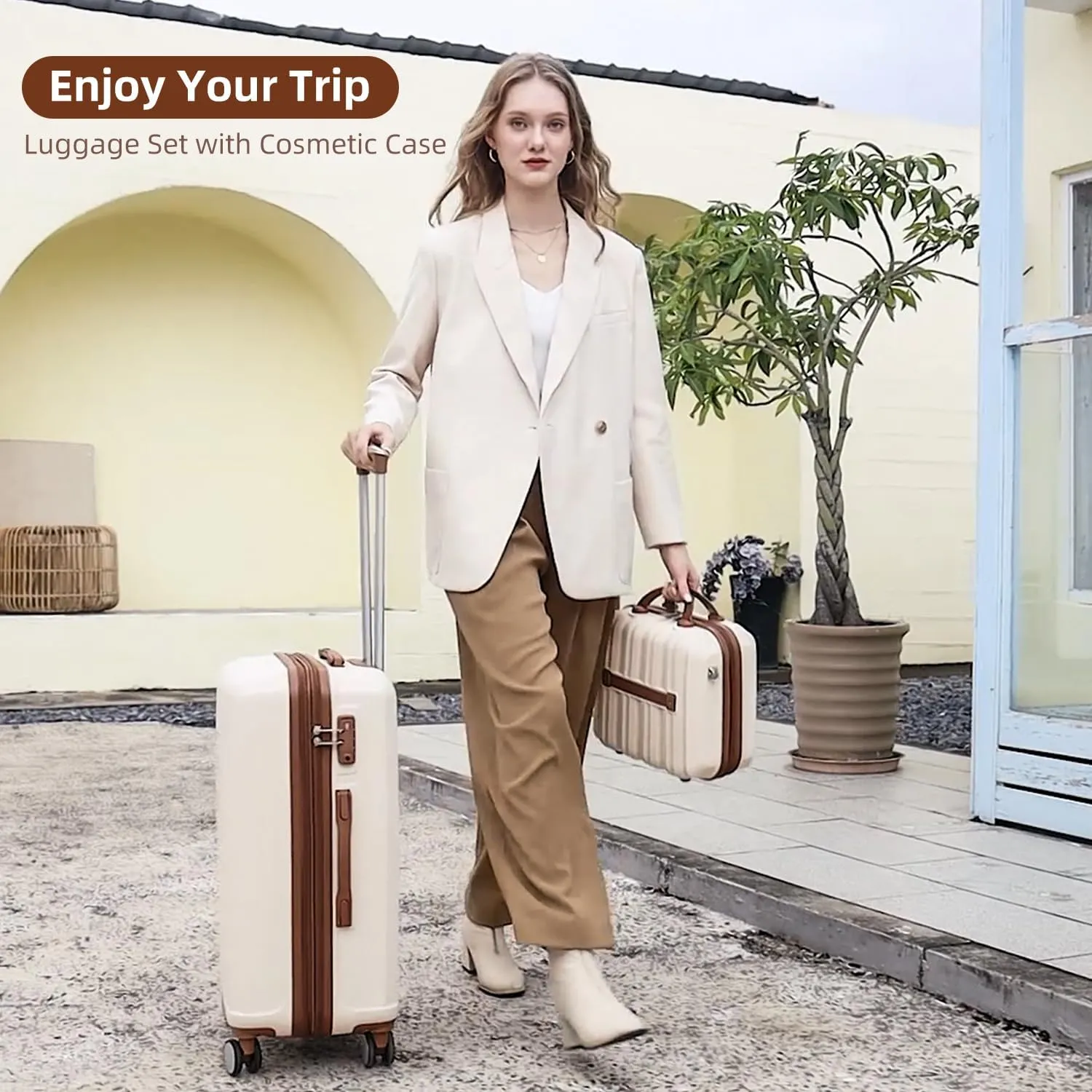 LARVENDER Luggage Sets 6 Piece, Expandable Hardside Suitcase Set Carry on Luggage with Spinner Wheels, Lightweight Travel Luggage Set with TSA Locks for Men and Women, Cream White
