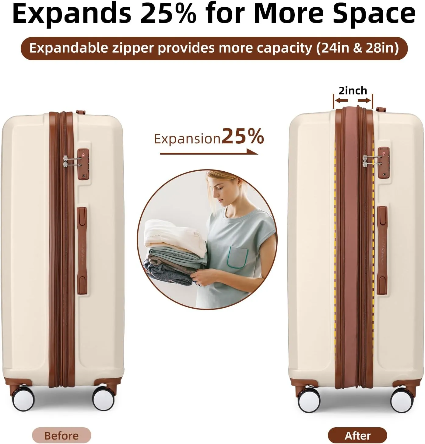 LARVENDER Luggage Sets 6 Piece, Expandable Hardside Suitcase Set Carry on Luggage with Spinner Wheels, Lightweight Travel Luggage Set with TSA Locks for Men and Women, Cream White