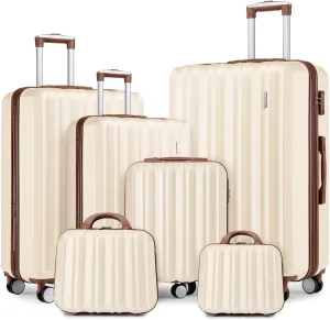 LARVENDER Luggage Sets 6 Piece, Expandable Hardside Suitcase Set Carry on Luggage with Spinner Wheels, Lightweight Travel Luggage Set with TSA Locks for Men and Women, Cream White
