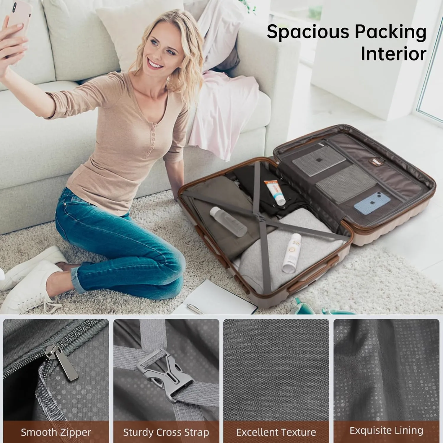 LARVENDER Luggage Sets 6 Piece, Expandable Hardside Suitcase Set Carry on Luggage with Spinner Wheels, Lightweight Travel Luggage Set with TSA Locks for Men and Women, Cream White