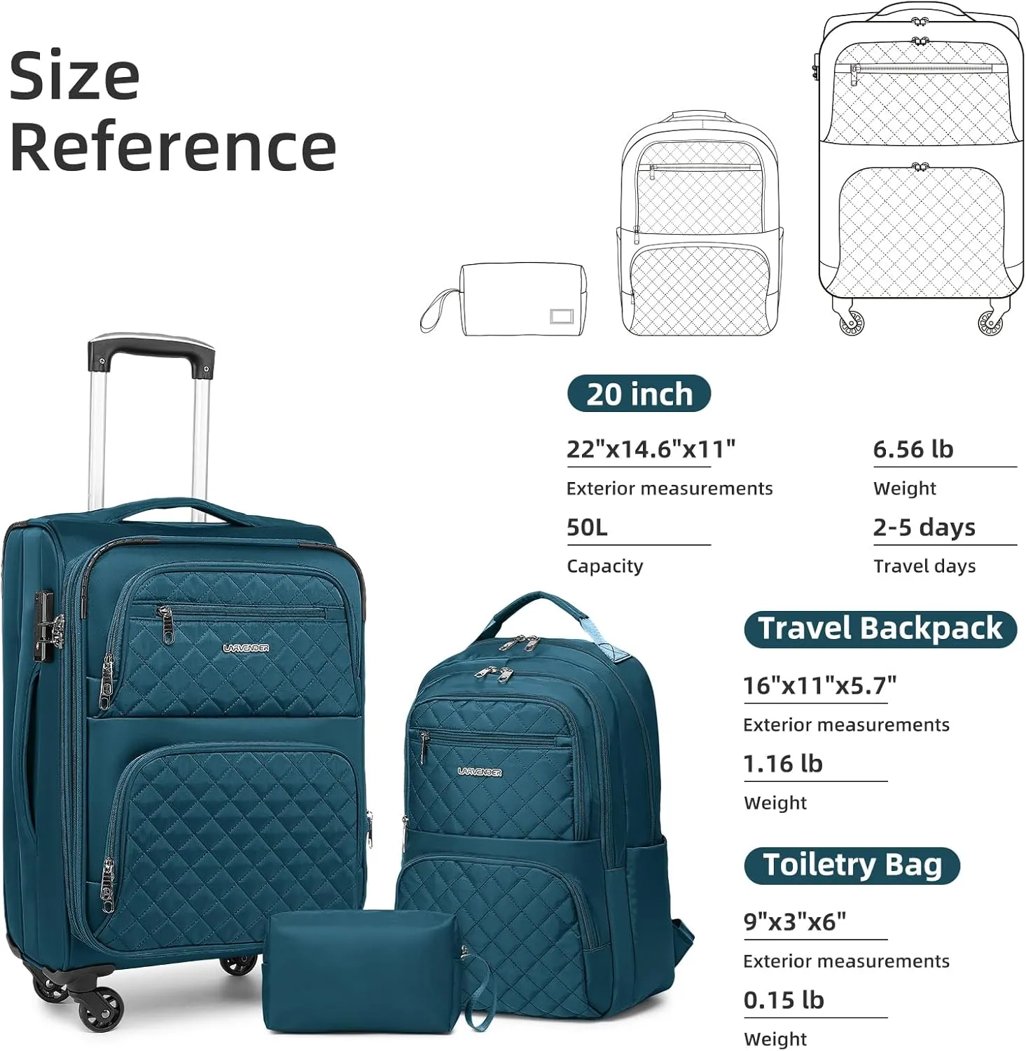 LARVENDER Softside Carry On Luggage 3 Piece, Expandable Carry On Luggage 22x14x9 Airline Approved 20-inch Carry on Suitcase with Spinner Wheels for Men Women, TSA Lock, Blue (20/BP/TB)