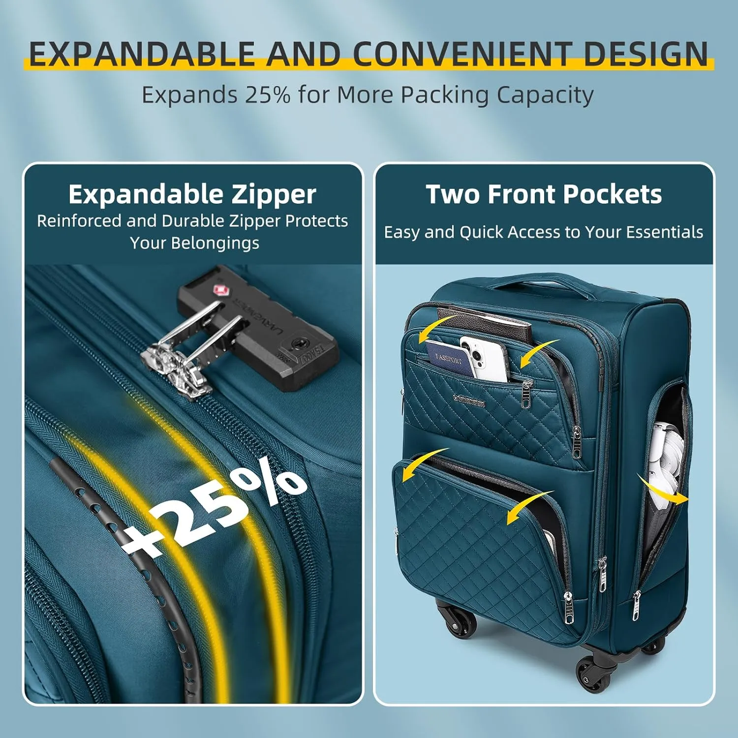 LARVENDER Softside Carry On Luggage 3 Piece, Expandable Carry On Luggage 22x14x9 Airline Approved 20-inch Carry on Suitcase with Spinner Wheels for Men Women, TSA Lock, Blue (20/BP/TB)