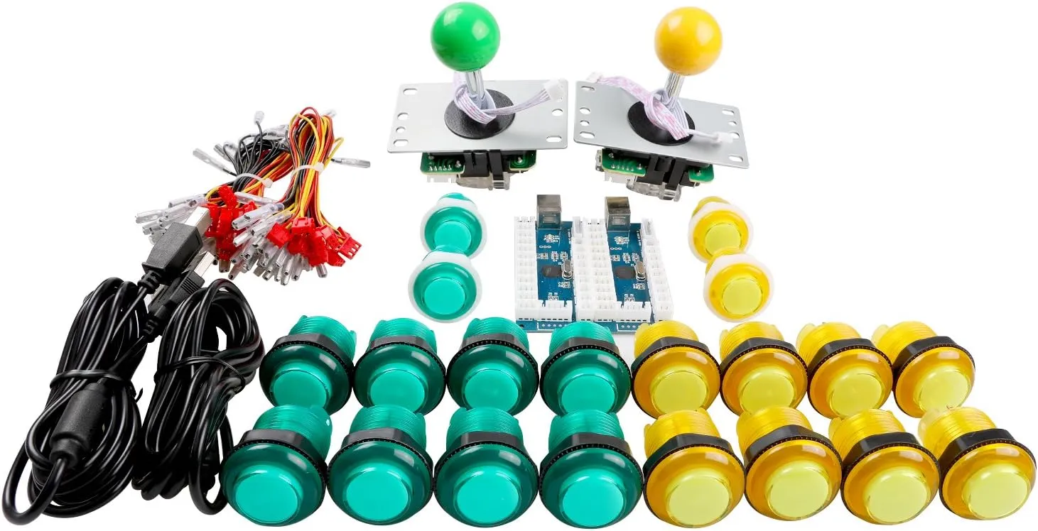 LED Arcade DIY Parts 2X Zero Delay USB Encoder   2X 8 Way Joystick   20x LED Illuminated Push Buttons for Mame Jamma Arcade Project Yellow   Green Kit Sets