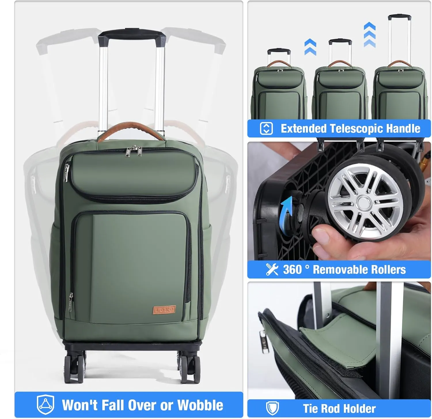 Lekebobor Travel Rolling Backpack, 18 inch Waterproof Bag with 360° Wheels for 15.6" Laptop, Convertible Airline Approved Travel Back Pack for Men & Women, Business, Commuter