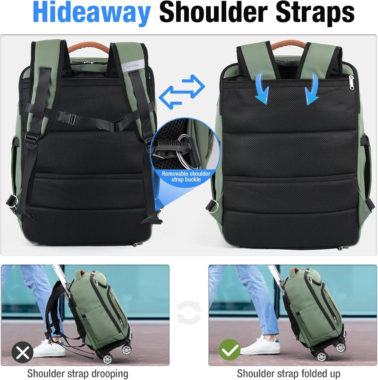 Lekebobor Travel Rolling Backpack, 18 inch Waterproof Bag with 360° Wheels for 15.6" Laptop, Convertible Airline Approved Travel Back Pack for Men & Women, Business, Commuter