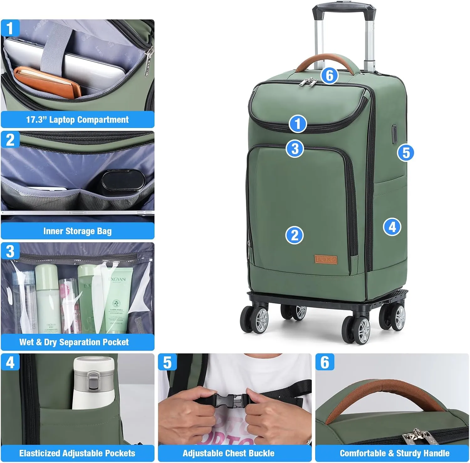 Lekebobor Travel Rolling Backpack, 18 inch Waterproof Bag with 360° Wheels for 15.6" Laptop, Convertible Airline Approved Travel Back Pack for Men & Women, Business, Commuter