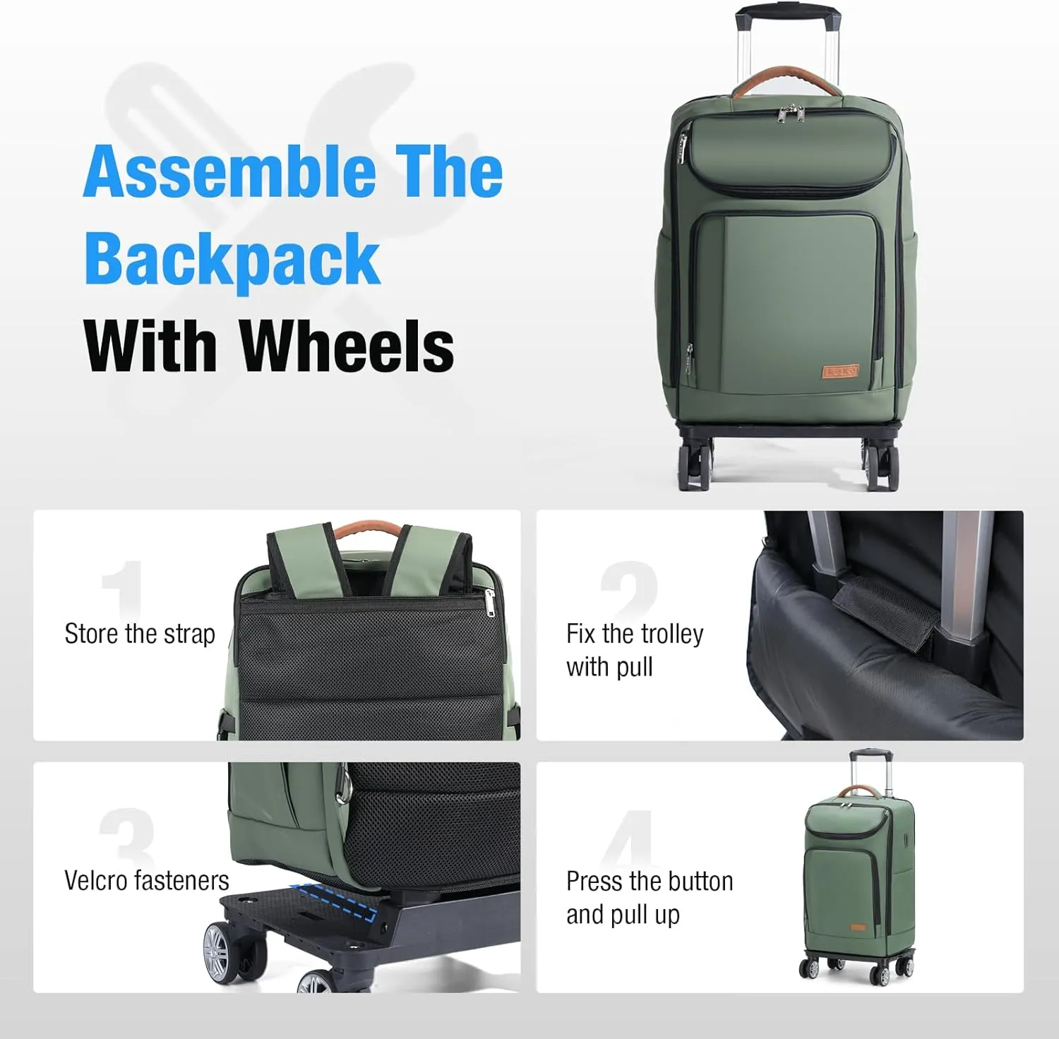 Lekebobor Travel Rolling Backpack, 18 inch Waterproof Bag with 360° Wheels for 15.6" Laptop, Convertible Airline Approved Travel Back Pack for Men & Women, Business, Commuter
