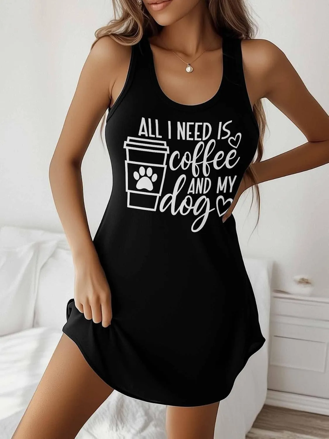 Libaoge Nightgowns for Women Coffee and Dog Sleeveless Sleepwear Racerback Women's Nightgowns & Sleepshirts S-4XL