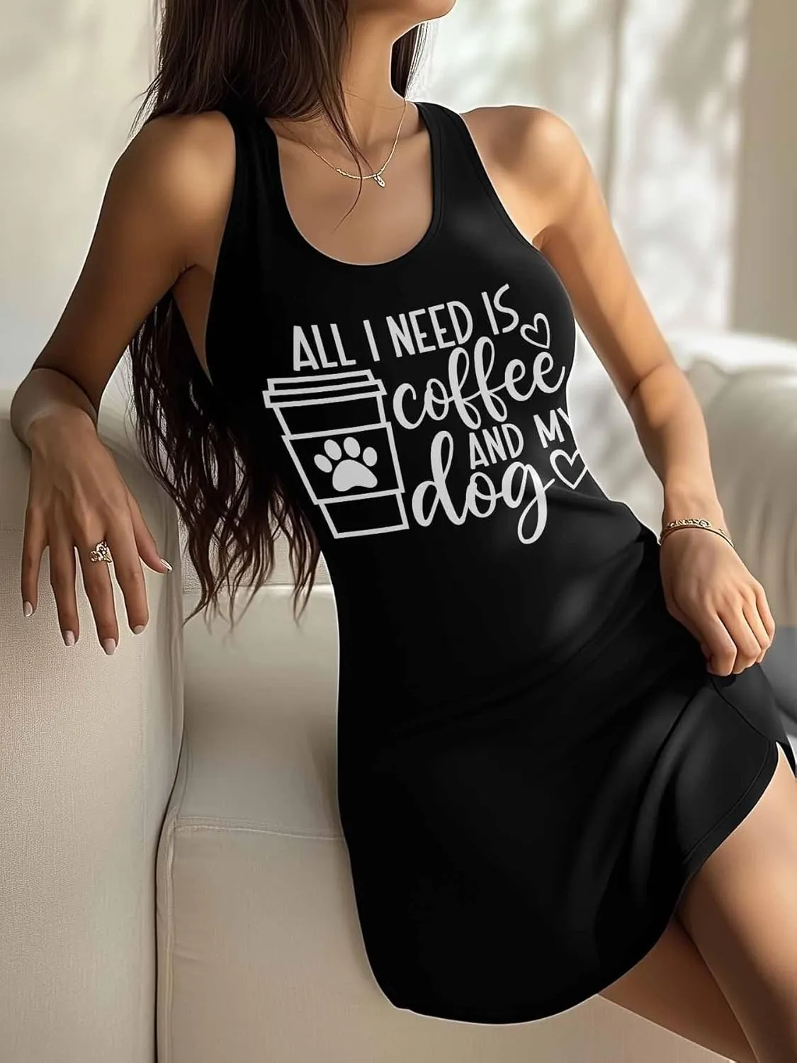 Libaoge Nightgowns for Women Coffee and Dog Sleeveless Sleepwear Racerback Women's Nightgowns & Sleepshirts S-4XL