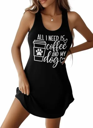 Libaoge Nightgowns for Women Coffee and Dog Sleeveless Sleepwear Racerback Women's Nightgowns & Sleepshirts S-4XL