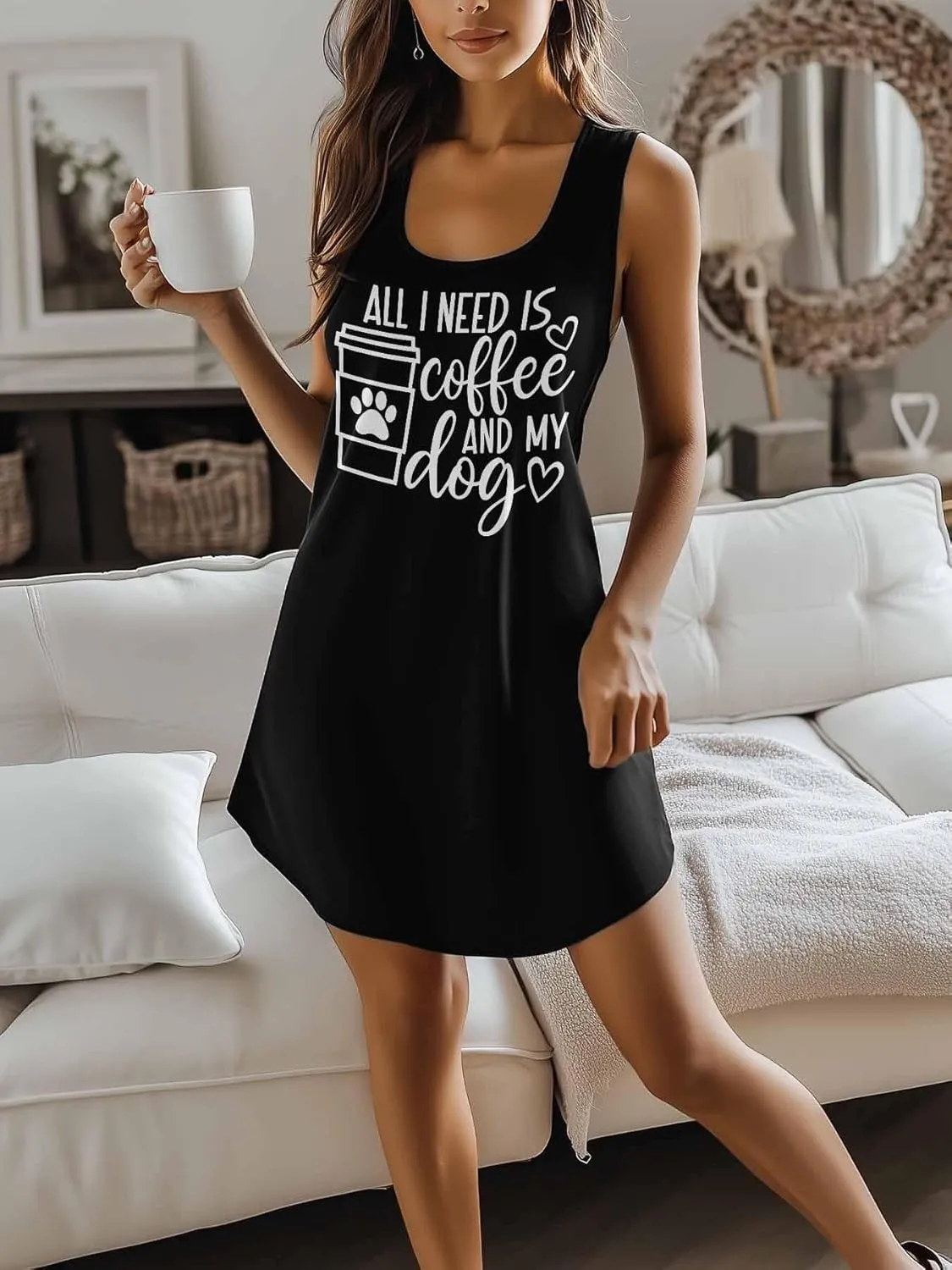 Libaoge Nightgowns for Women Coffee and Dog Sleeveless Sleepwear Racerback Women's Nightgowns & Sleepshirts S-4XL