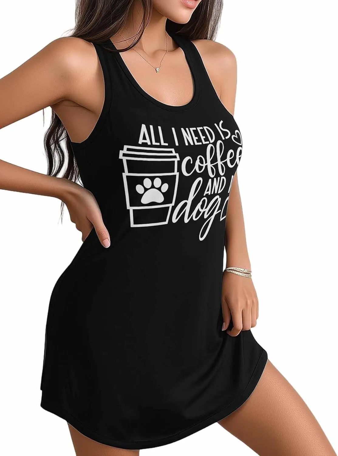 Libaoge Nightgowns for Women Coffee and Dog Sleeveless Sleepwear Racerback Women's Nightgowns & Sleepshirts S-4XL