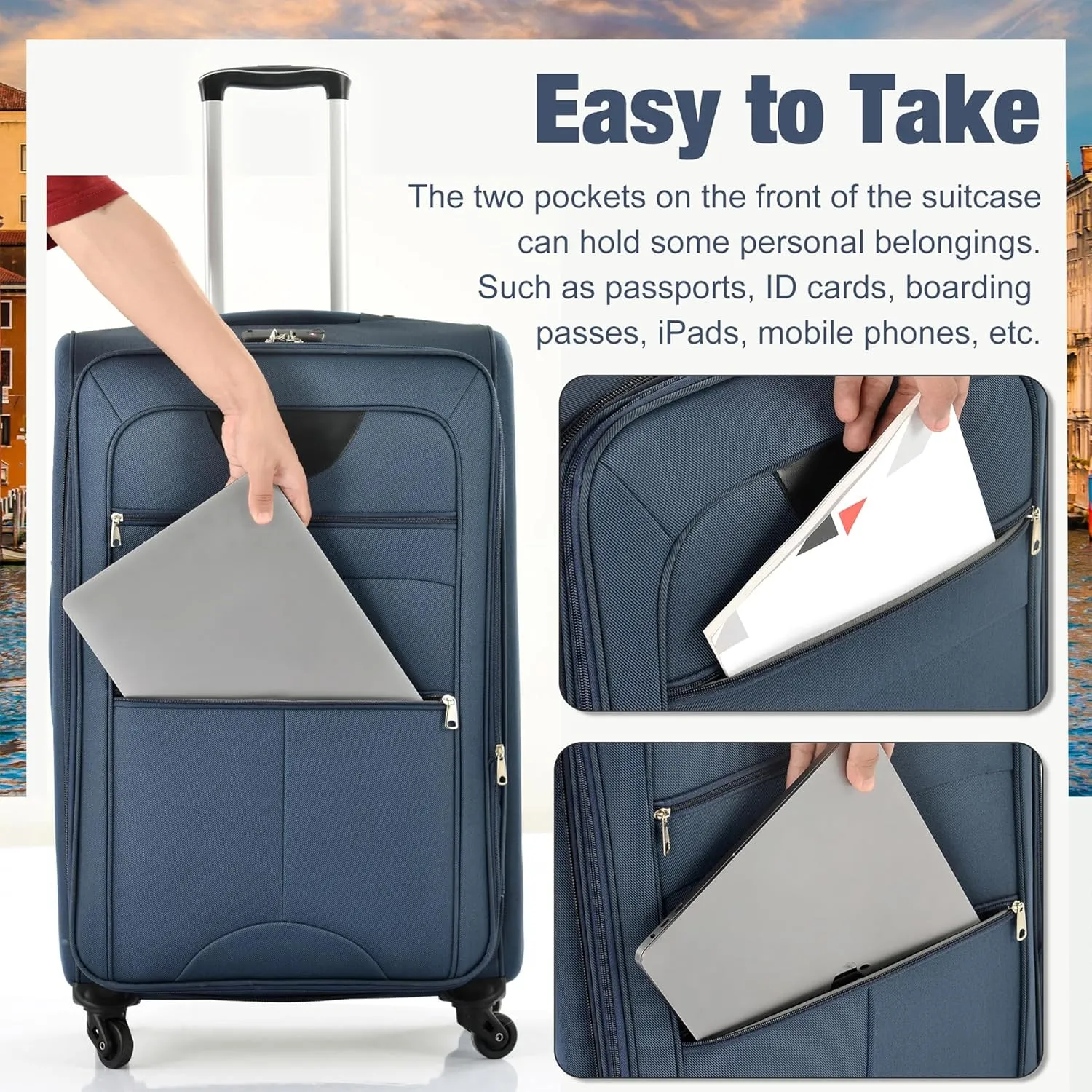 Lightweight Expandable Softside Luggage Sets 3 Piece, Large Capacity Travel Suitcase with Spinner Wheel, TSA Lock, Easy Access Design and Adjustable Telescoping Handle (Dark Blue)