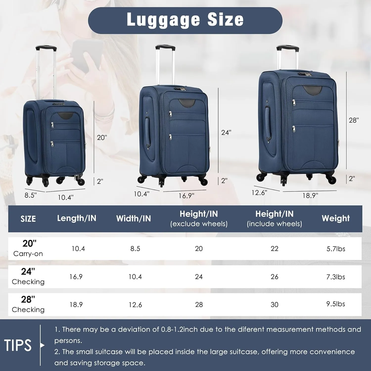 Lightweight Expandable Softside Luggage Sets 3 Piece, Large Capacity Travel Suitcase with Spinner Wheel, TSA Lock, Easy Access Design and Adjustable Telescoping Handle (Dark Blue)