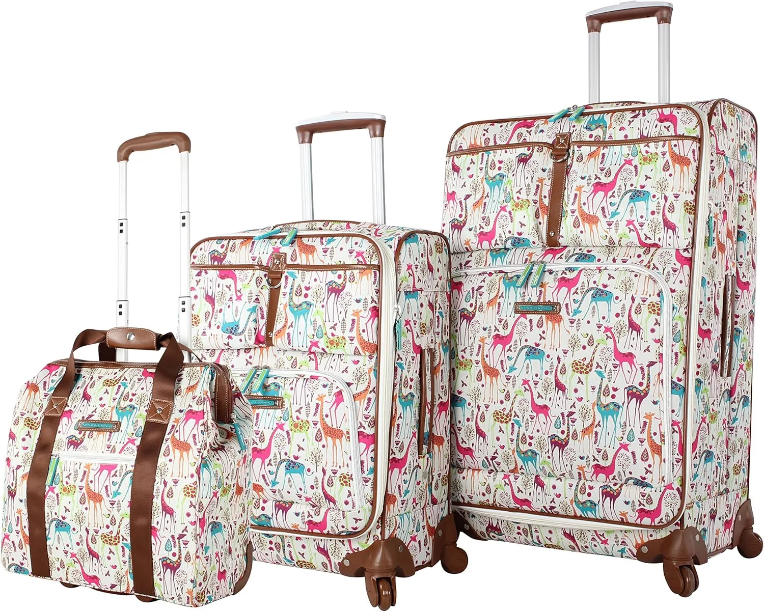 Lily Bloom Luggage 3 Piece Softside Spinner Suitcase Set Collection (Giraffe Park)