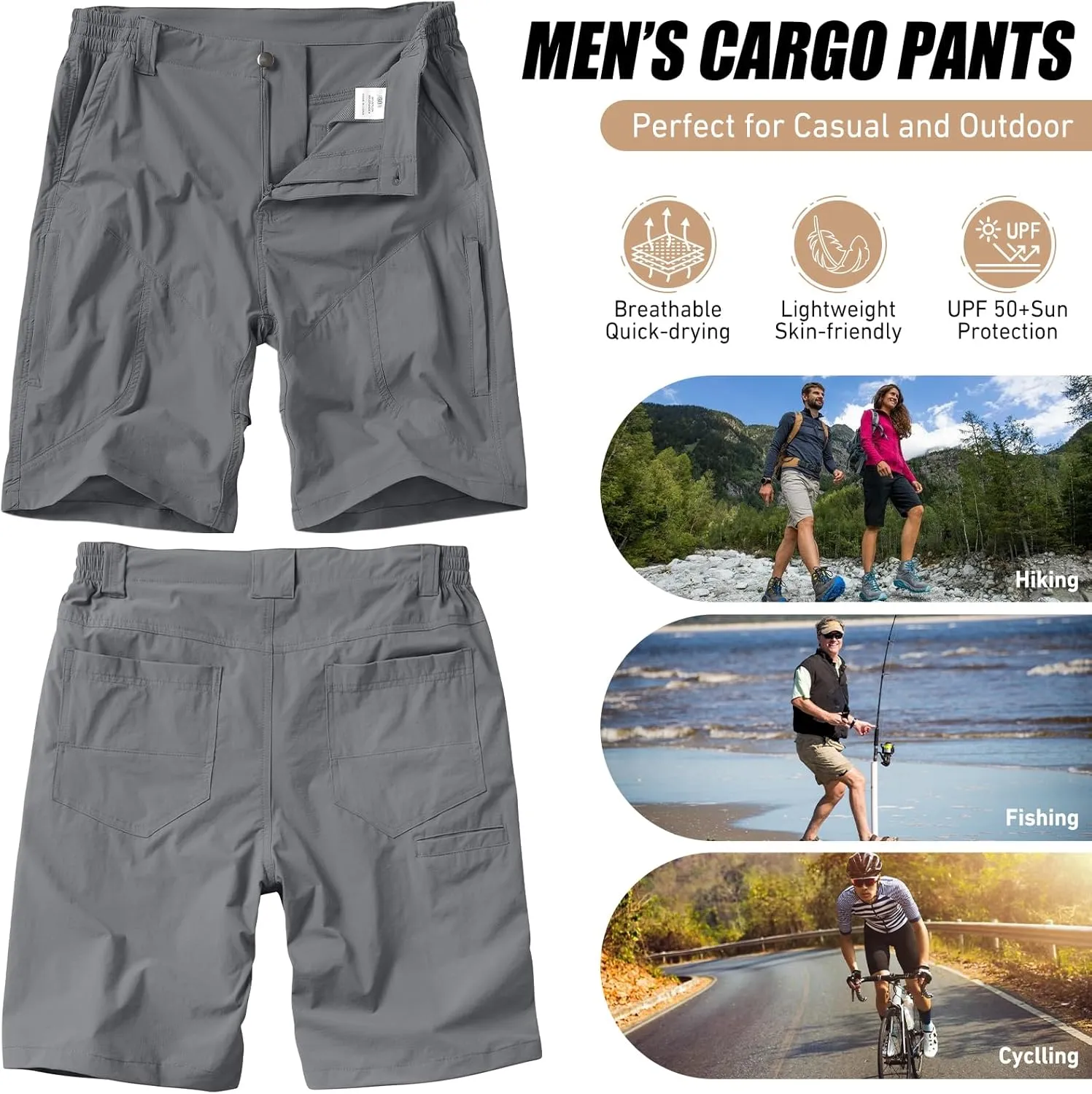 linlon Men's Hiking Cargo Shorts Quick Dry Lightweight Travel Shorts with Pockets for Fishing Camping