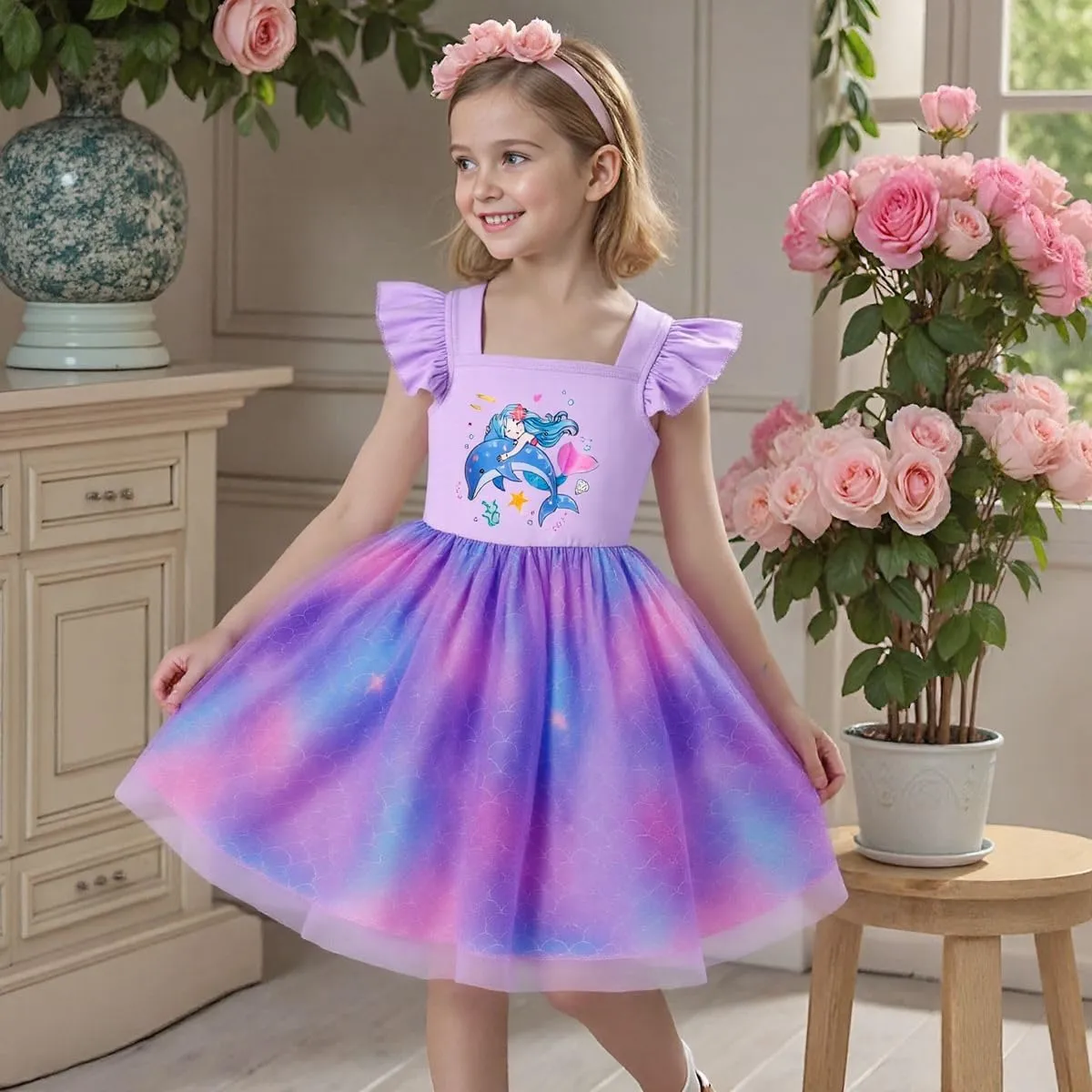Little Girl Dresses Flutter Sleeve Tulle Tutu Dress Toddler Summer Clothes Kids Birthday Party Outfit 1-8 Years Old