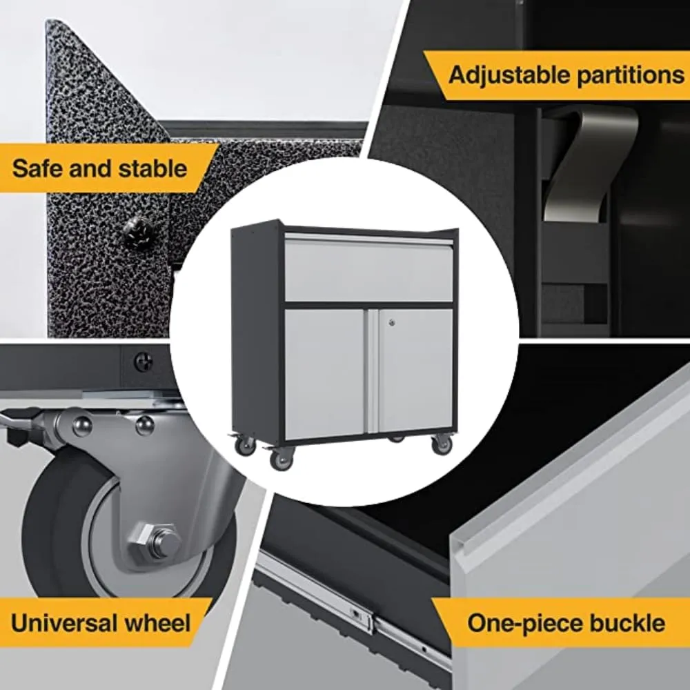Locking Garage Metal Storage Cabinet on Wheels with 2 Door and 1 Drawer, Rolling Tool Cabinets for Garage, Warehouse, Utility Room, Black/Gray, Assembly Required