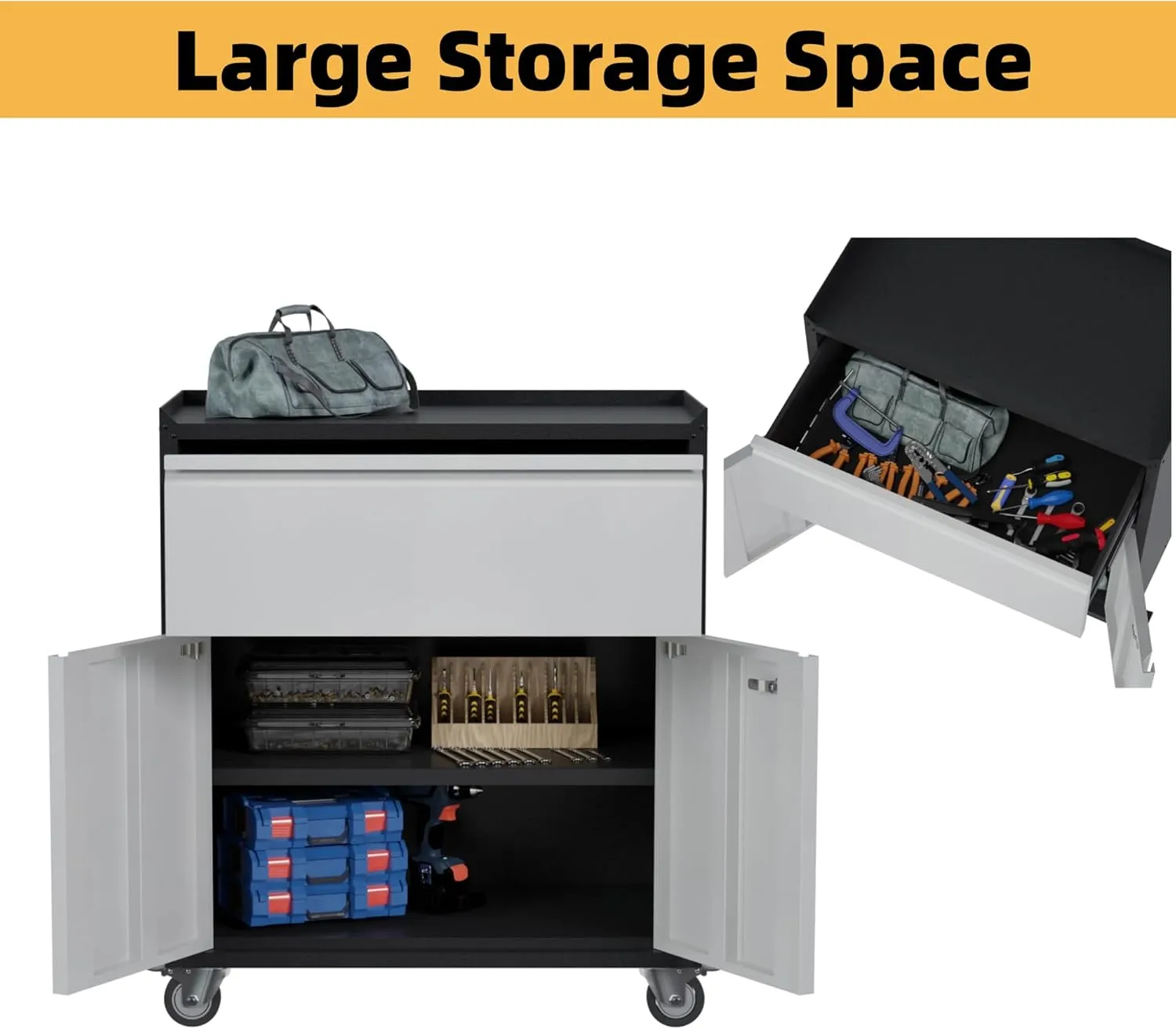 Locking Garage Metal Storage Cabinet on Wheels with 2 Door and 1 Drawer, Rolling Tool Cabinets for Garage, Warehouse, Utility Room, Black/Gray, Assembly Required