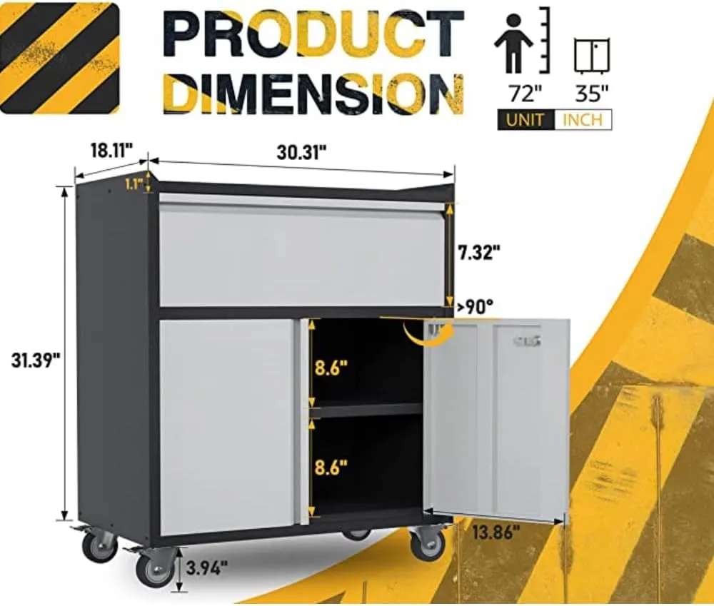 Locking Garage Metal Storage Cabinet on Wheels with 2 Door and 1 Drawer, Rolling Tool Cabinets for Garage, Warehouse, Utility Room, Black/Gray, Assembly Required