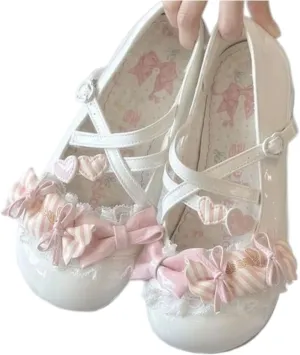 Lolita Lace Bow Heart Ballet Round-Toe Low Heel Mary Jane Shoes for Women Sweet Kawaii Footwear Cosplay Party Daily Wear