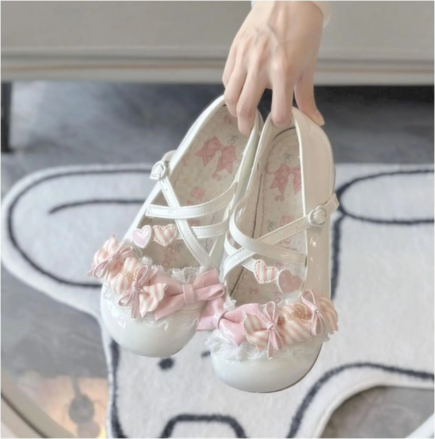 Lolita Lace Bow Heart Ballet Round-Toe Low Heel Mary Jane Shoes for Women Sweet Kawaii Footwear Cosplay Party Daily Wear