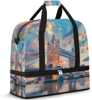 London Bridge Travel Duffel Bag for Women Men, Landscape Painted Sports Gym Bag with Shoes Compartment Foldable Overnight Bag Weekender Tote Workout Carry On Luggage Bag