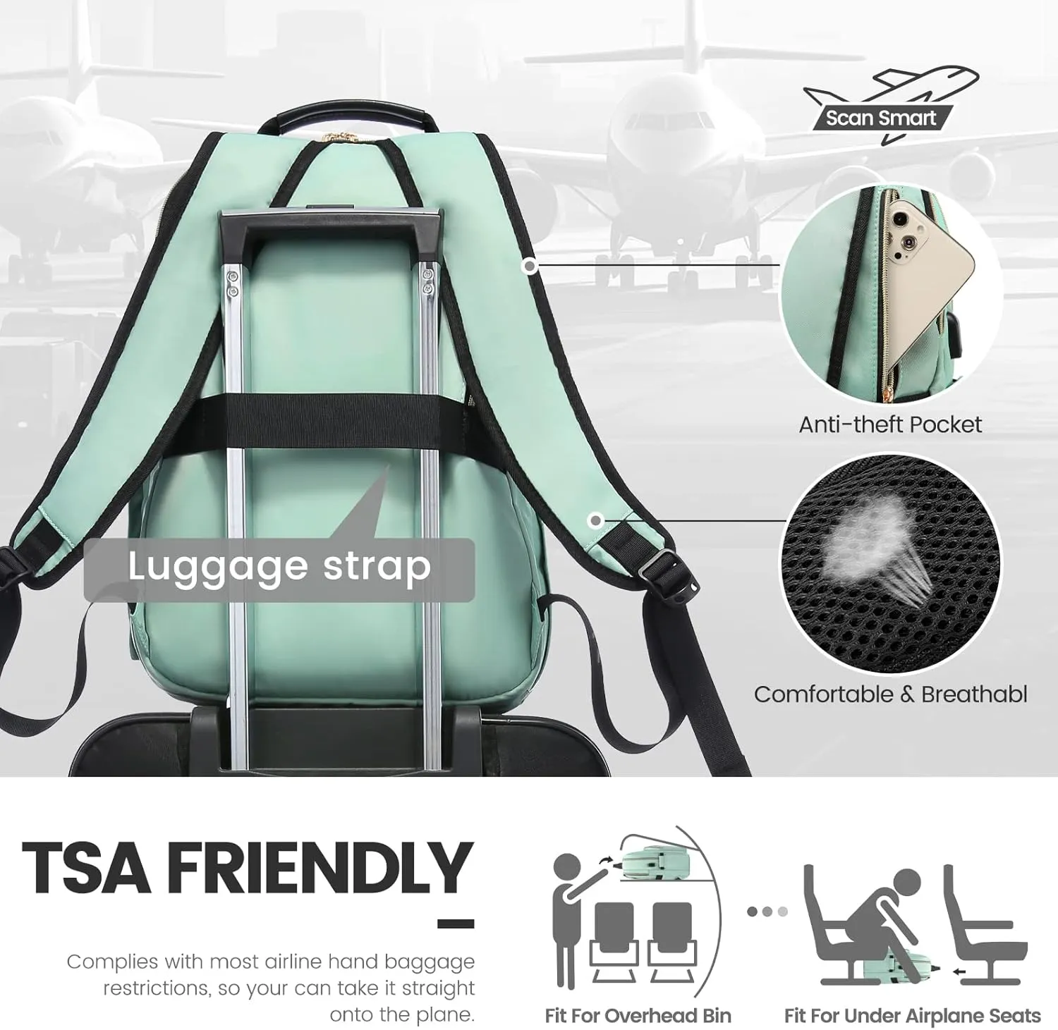 LOVEVOOK Laptop Backpack for Women 15.6 inch,Cute Womens Travel Backpack Purse,Professional Laptop Computer Bag,Waterproof Work Business College Teacher Bags Carry on Backpack with USB Port,Mint Green