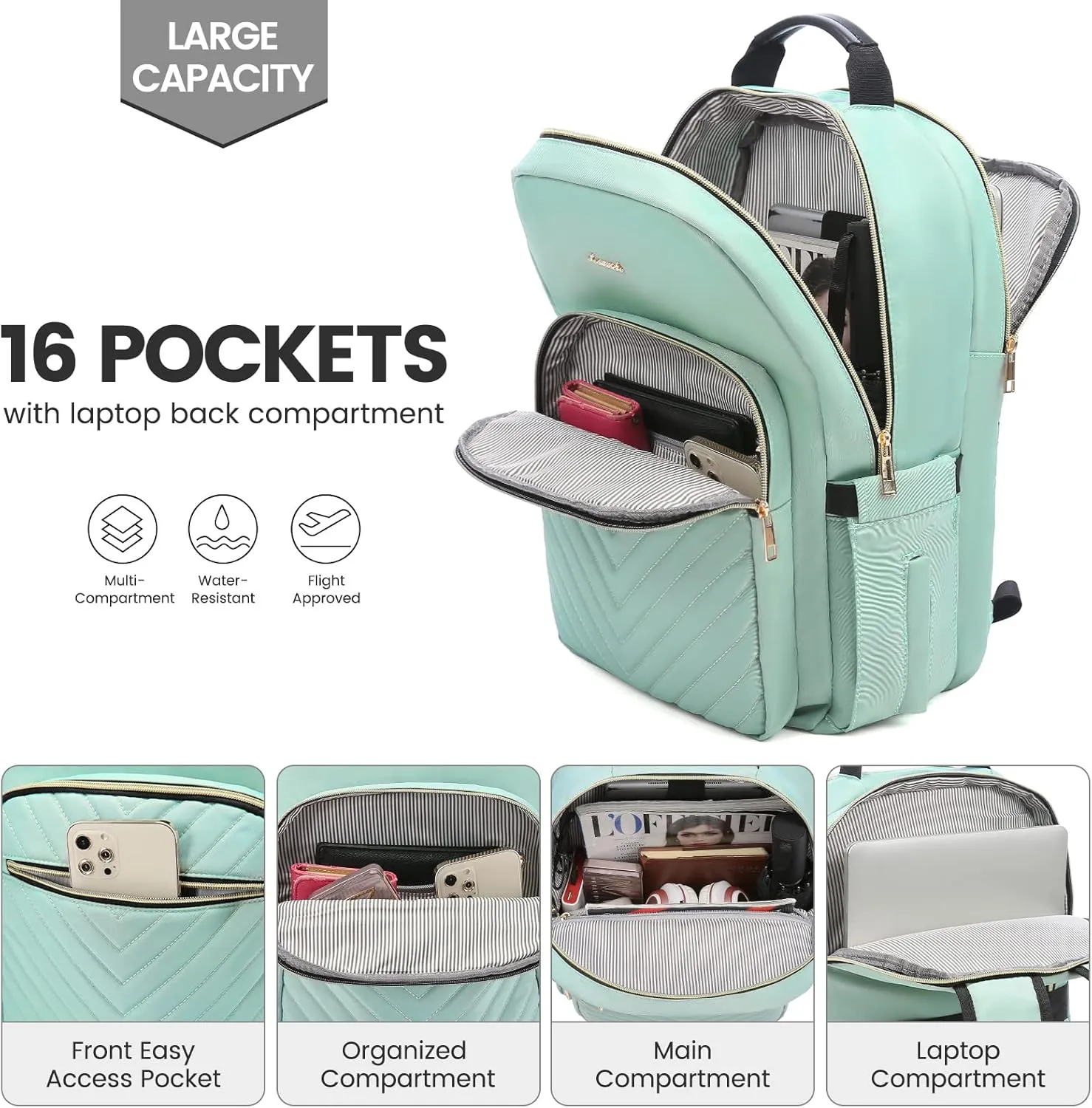 LOVEVOOK Laptop Backpack for Women 15.6 inch,Cute Womens Travel Backpack Purse,Professional Laptop Computer Bag,Waterproof Work Business College Teacher Bags Carry on Backpack with USB Port,Mint Green