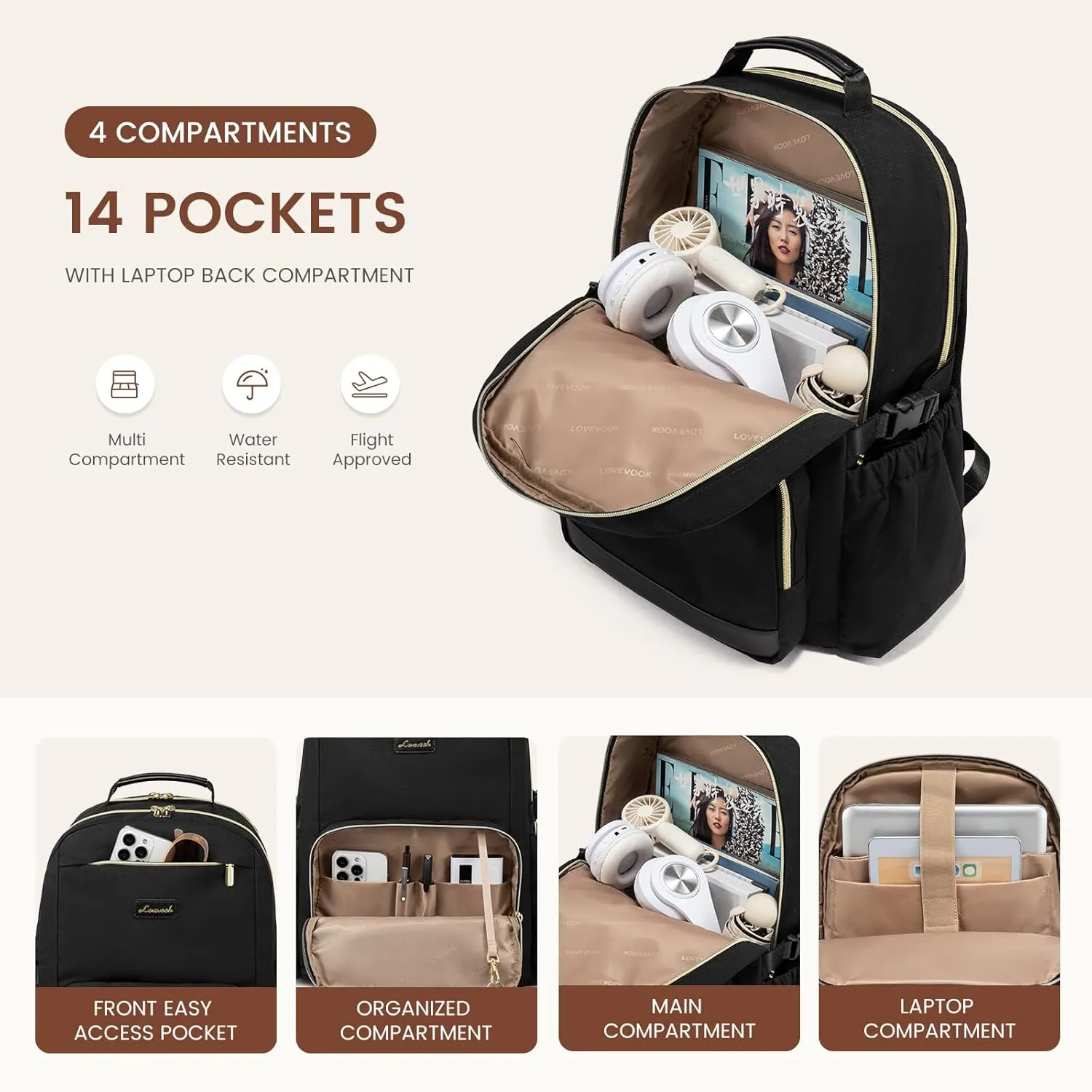 LOVEVOOK Laptop Backpack for Women with Pouch Pocket for Large Capacity Cup,15.6 Inch Laptop Computer Bag Travel Backpack Purse,Waterproof Work Business Backpack College Teacher Bags,Black