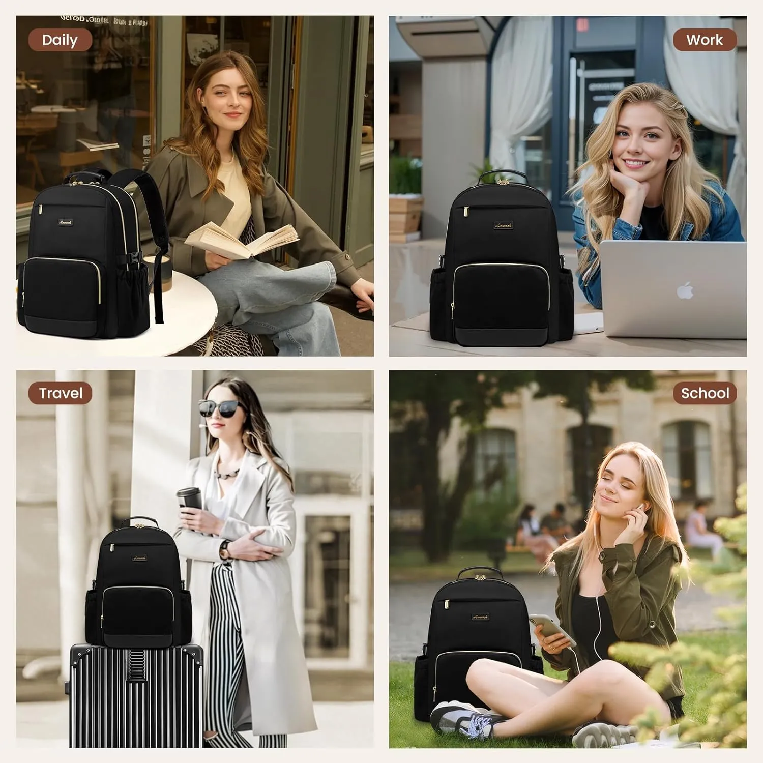 LOVEVOOK Laptop Backpack for Women with Pouch Pocket for Large Capacity Cup,15.6 Inch Laptop Computer Bag Travel Backpack Purse,Waterproof Work Business Backpack College Teacher Bags,Black