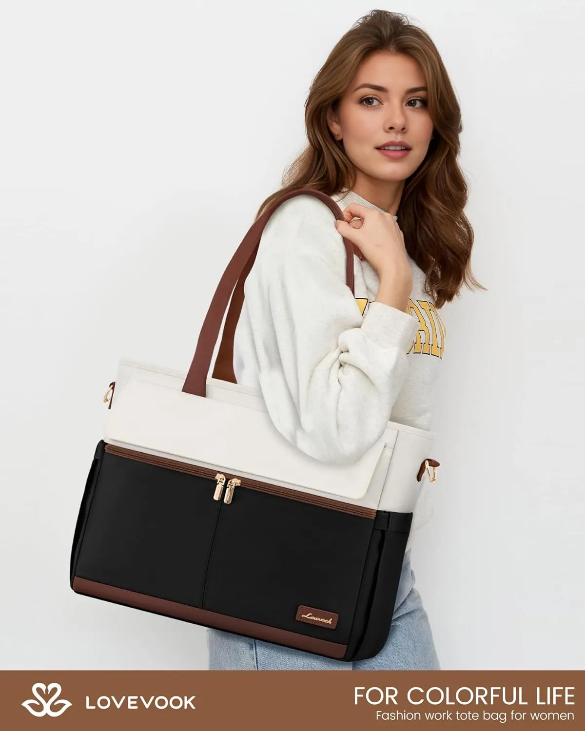 LOVEVOOK Laptop Bag for Women 15.6 Inch Laptop Large Capacity Work Bags Mutiple Pockets Teacher Bag with Removable Strap Water Resistant Computer Bags for Business Travel Nurse, Black Brown