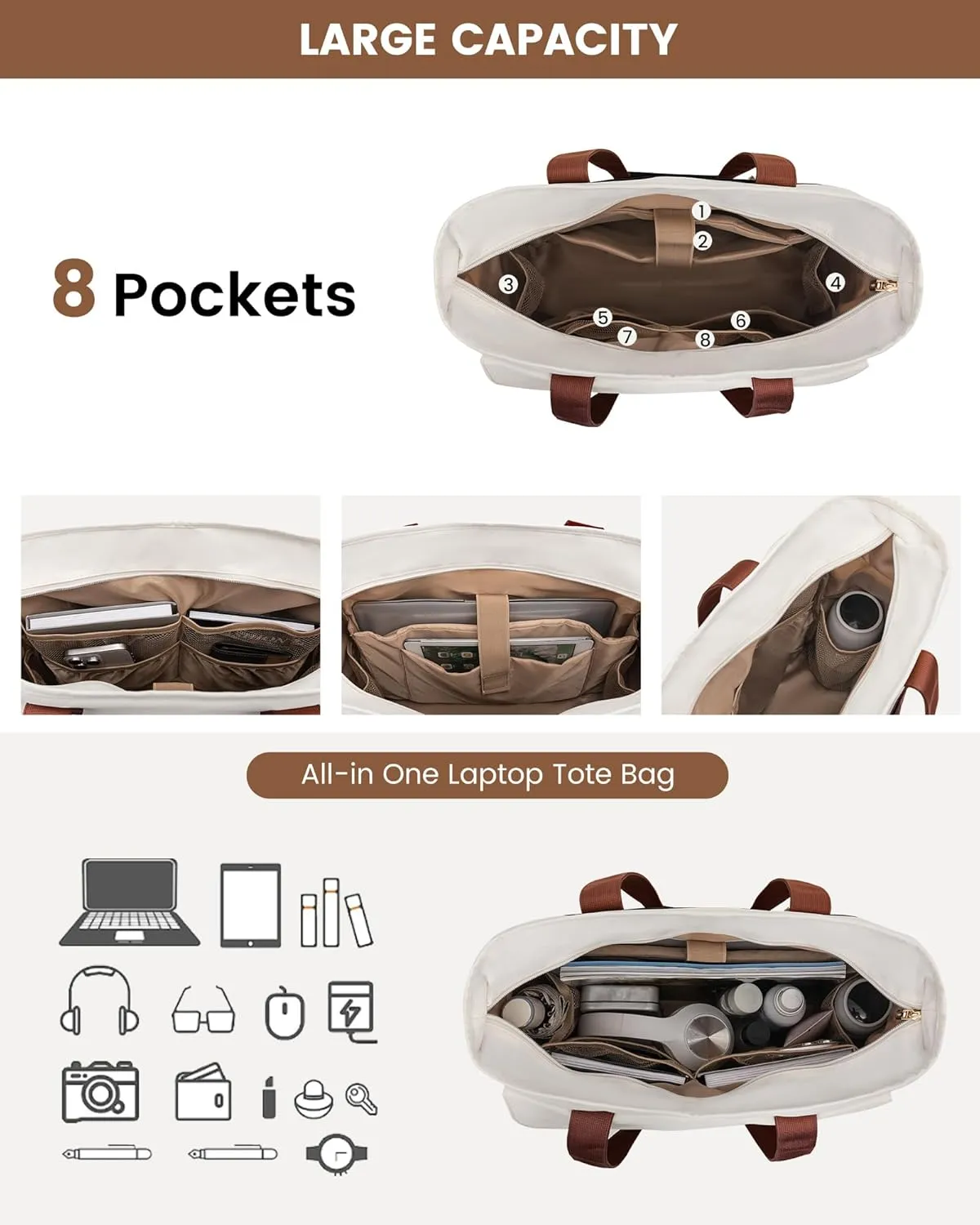 LOVEVOOK Laptop Bag for Women 15.6 Inch Laptop Large Capacity Work Bags Mutiple Pockets Teacher Bag with Removable Strap Water Resistant Computer Bags for Business Travel Nurse, Black Brown