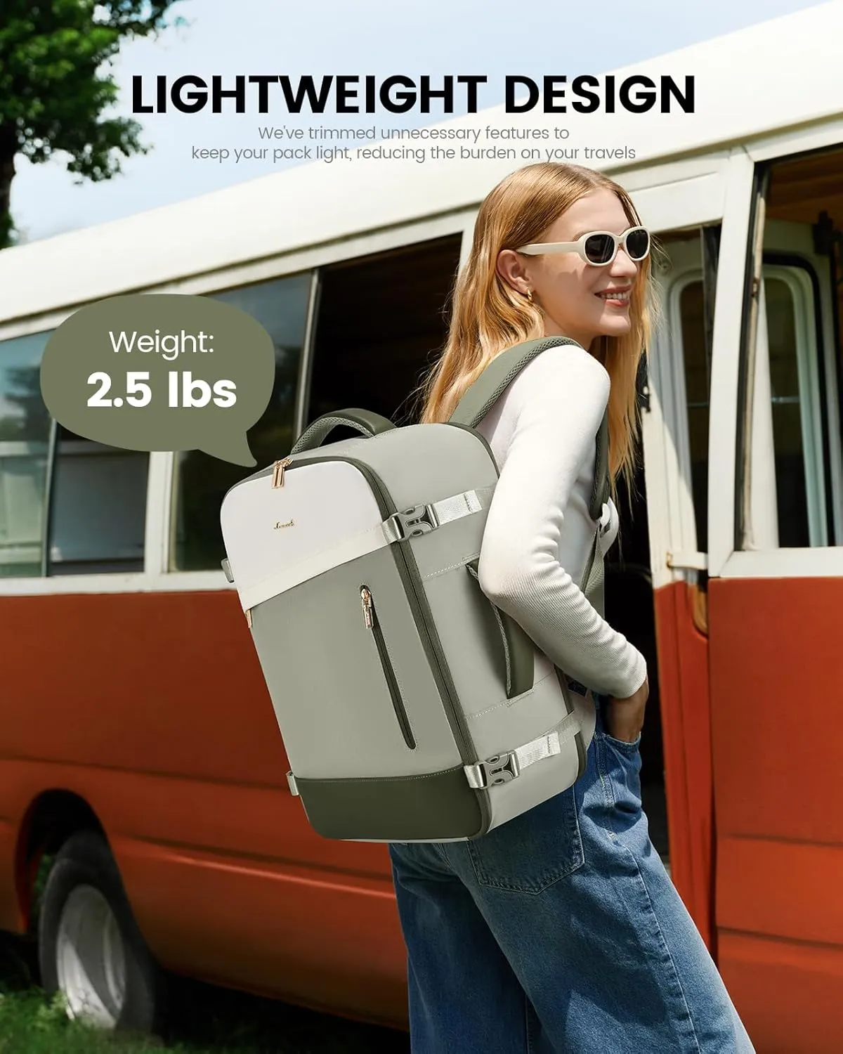 LOVEVOOK Travel Backpack For Women, 40L Carry On Backpack, Flight Approved Personal Item Travel Bag, Lightweight Water Resistant Daypack Weekender Bag Fits 17" Laptop With 3 Cubes, Green-Beige