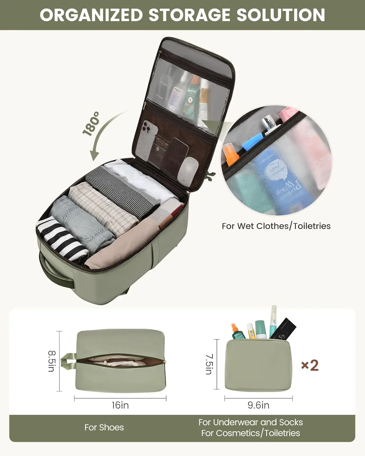 LOVEVOOK Travel Backpack For Women, 40L Carry On Backpack, Flight Approved Personal Item Travel Bag, Lightweight Water Resistant Daypack Weekender Bag Fits 17" Laptop With 3 Cubes, Green-Beige
