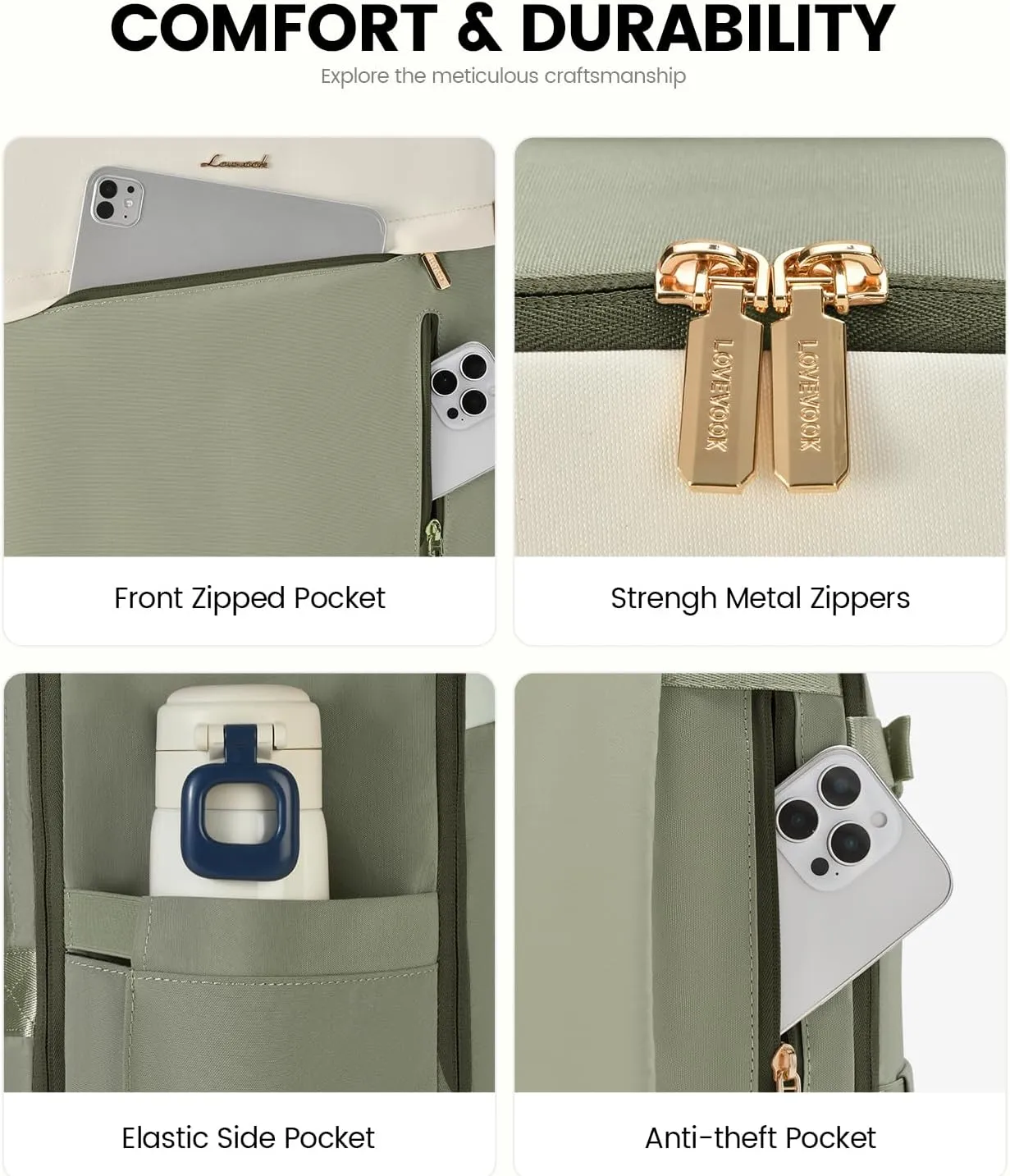 LOVEVOOK Travel Backpack For Women, 40L Carry On Backpack, Flight Approved Personal Item Travel Bag, Lightweight Water Resistant Daypack Weekender Bag Fits 17" Laptop With 3 Cubes, Green-Beige