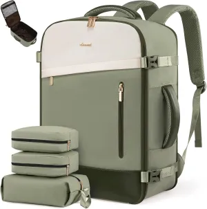 LOVEVOOK Travel Backpack For Women, 40L Carry On Backpack, Flight Approved Personal Item Travel Bag, Lightweight Water Resistant Daypack Weekender Bag Fits 17" Laptop With 3 Cubes, Green-Beige
