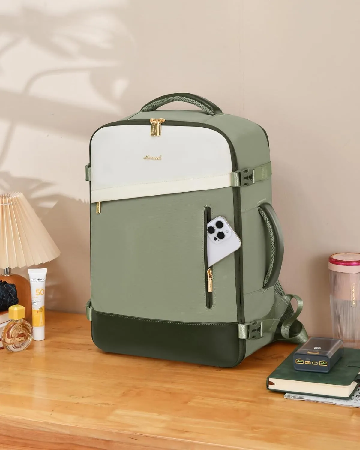 LOVEVOOK Travel Backpack For Women, 40L Carry On Backpack, Flight Approved Personal Item Travel Bag, Lightweight Water Resistant Daypack Weekender Bag Fits 17" Laptop With 3 Cubes, Green-Beige