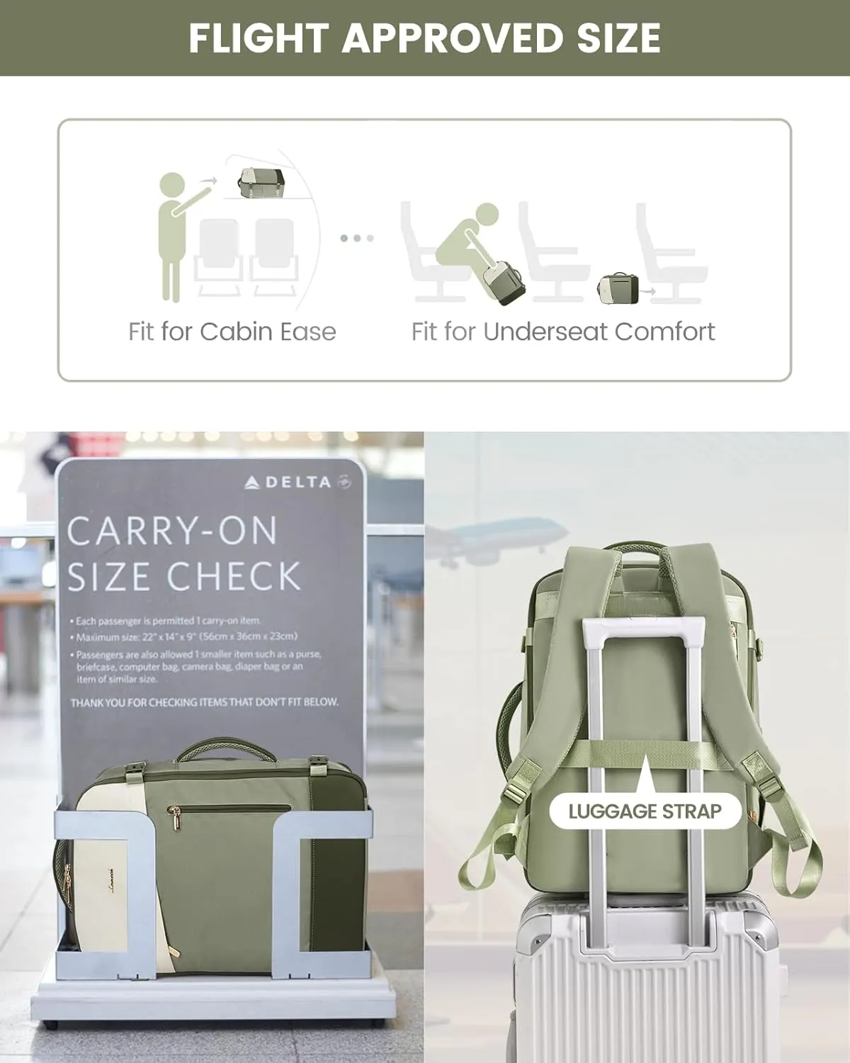 LOVEVOOK Travel Backpack For Women, 40L Carry On Backpack, Flight Approved Personal Item Travel Bag, Lightweight Water Resistant Daypack Weekender Bag Fits 17" Laptop With 3 Cubes, Green-Beige