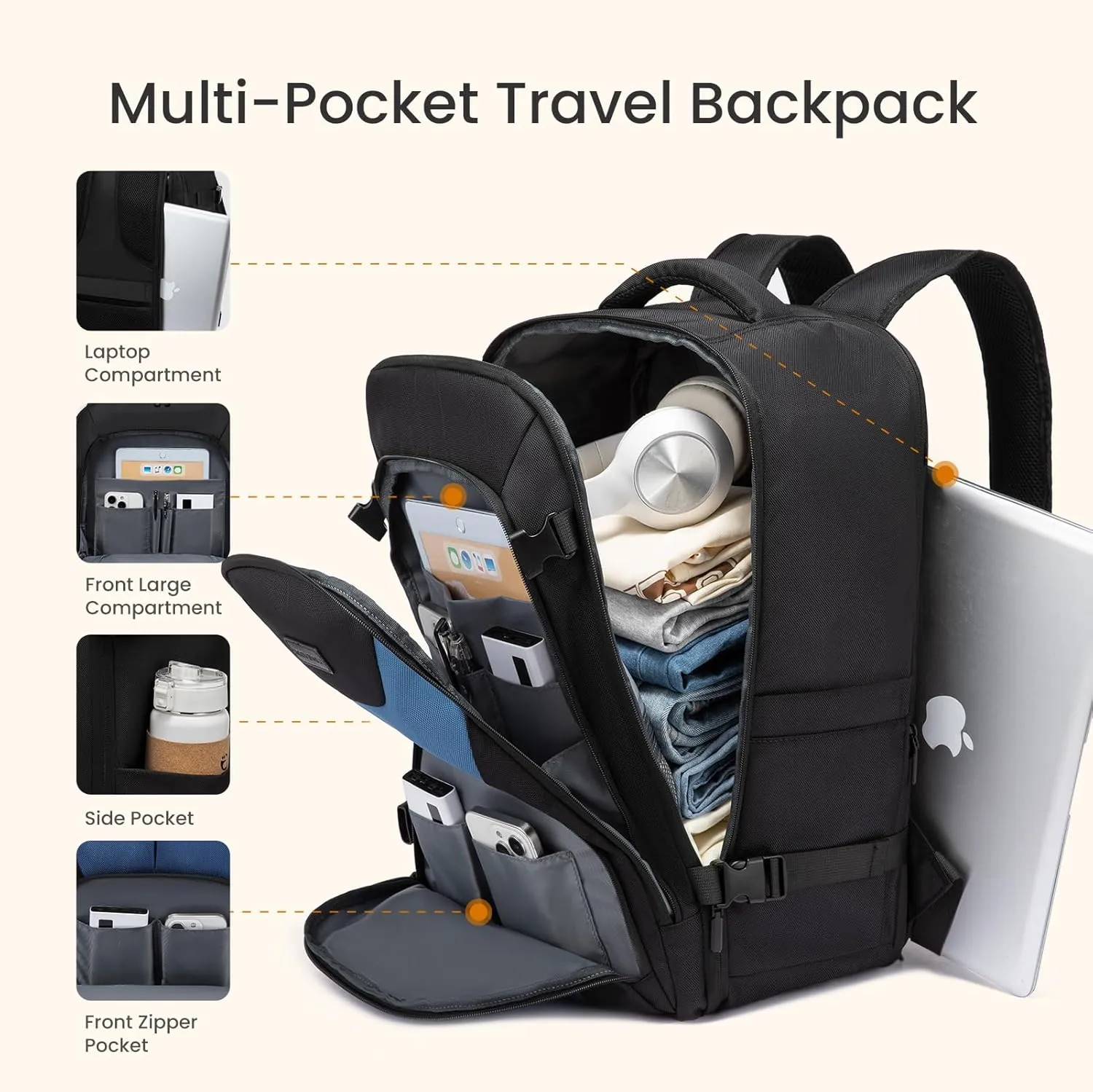 LOVEVOOK Travel Carry on Backpack for Men Women, Expandable 40L Extra Large Carry on Backpacks for Airplanes with 2 Packing Cubes,TSA Personal Item Travel Bag fits 17" Laptop,Travel Essentials