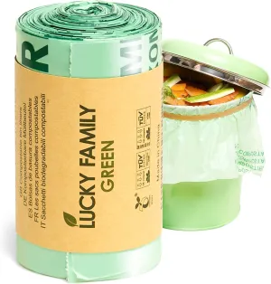 Lucky Family Green Compost Bags for Kitchen Countertop Bin - 13 Gallon Trash Bags - 100% Compostable Trash Bags for Food Waste - Organic Eco Friendly Biodegradable Bags - 25 Recycle Bags in Roll